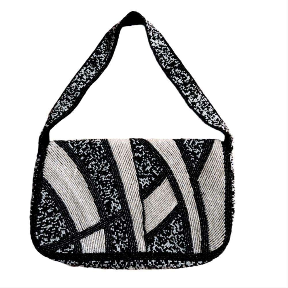 Y&S Original Vintage Black and White Beaded Purse Shoulder Bag (Staud Tommy)